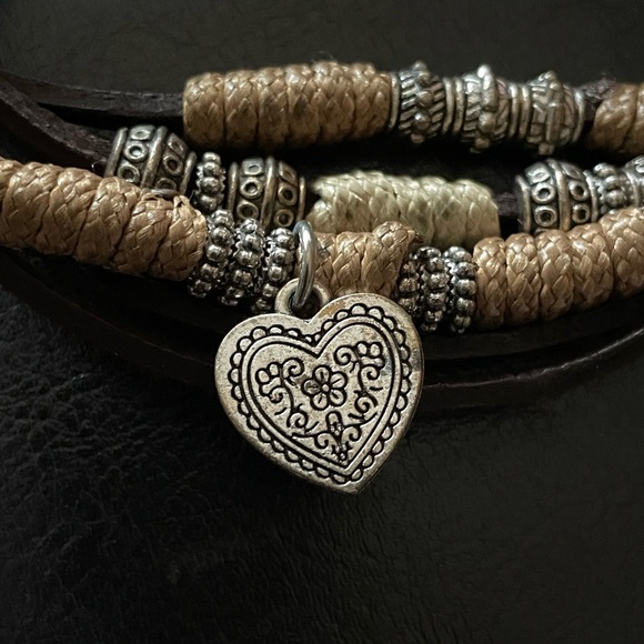 Leather and Silver Beaded 6 Strand Bracelet Magnet Clasp Heart Charm Boho Hippie - Picture 1 of 5